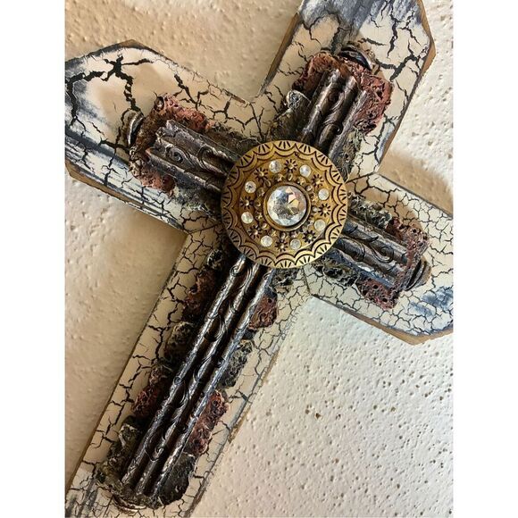 Montana West 20” Rustic Western Crackled Wooden Metal Bling Wall Cross - Picture 6 of 7